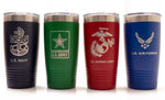 20 oz. Tumblers with US Air Force, US Army, US Marine Corps, and US Navy Logos Laser Engraved