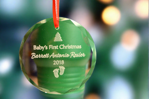 Circular Ornament Laser Engraved with Baby's First Christmas